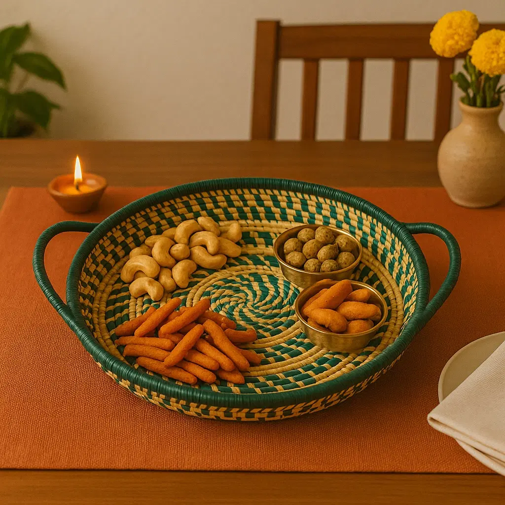 Decorative Woven Basket Green and Natural Color